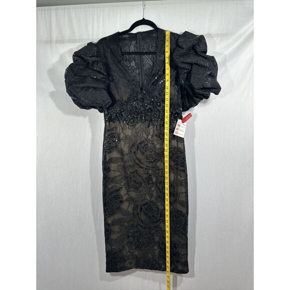 NWT $598 Mac Duggal [ 8 ] Embellished Puff Sleeve Plunge Neck Dress‎ Black G1726 - Picture 7 of 16